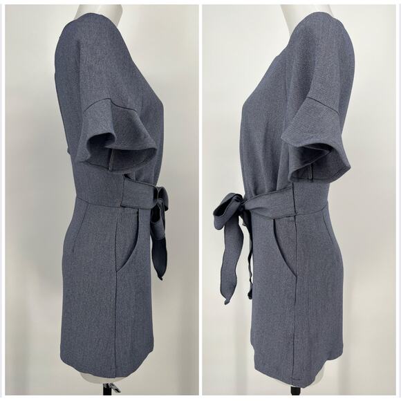 Line And Dot Flounce Sleeve Romper Small Blue Belted Open Keyhole Button Pockets - Picture 4 of 10